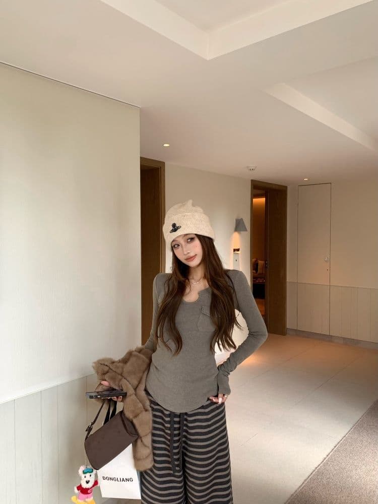 있음 선적 원본 리브 De 플러시 회색 주머니 긴팔 티셔츠 여성 가을 u 칼라 인사이드 가져 가라. 기본 셔츠 맨위 상세 이미지 13