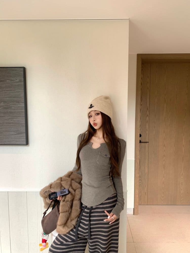 있음 선적 원본 리브 De 플러시 회색 주머니 긴팔 티셔츠 여성 가을 u 칼라 인사이드 가져 가라. 기본 셔츠 맨위 상세 이미지 14