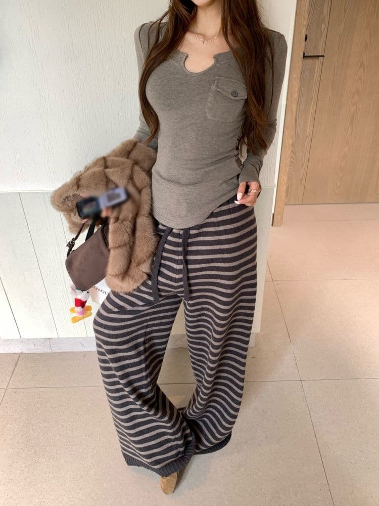 있음 선적 원본 리브 De 플러시 회색 주머니 긴팔 티셔츠 여성 가을 u 칼라 인사이드 가져 가라. 기본 셔츠 맨위 상세 이미지 15