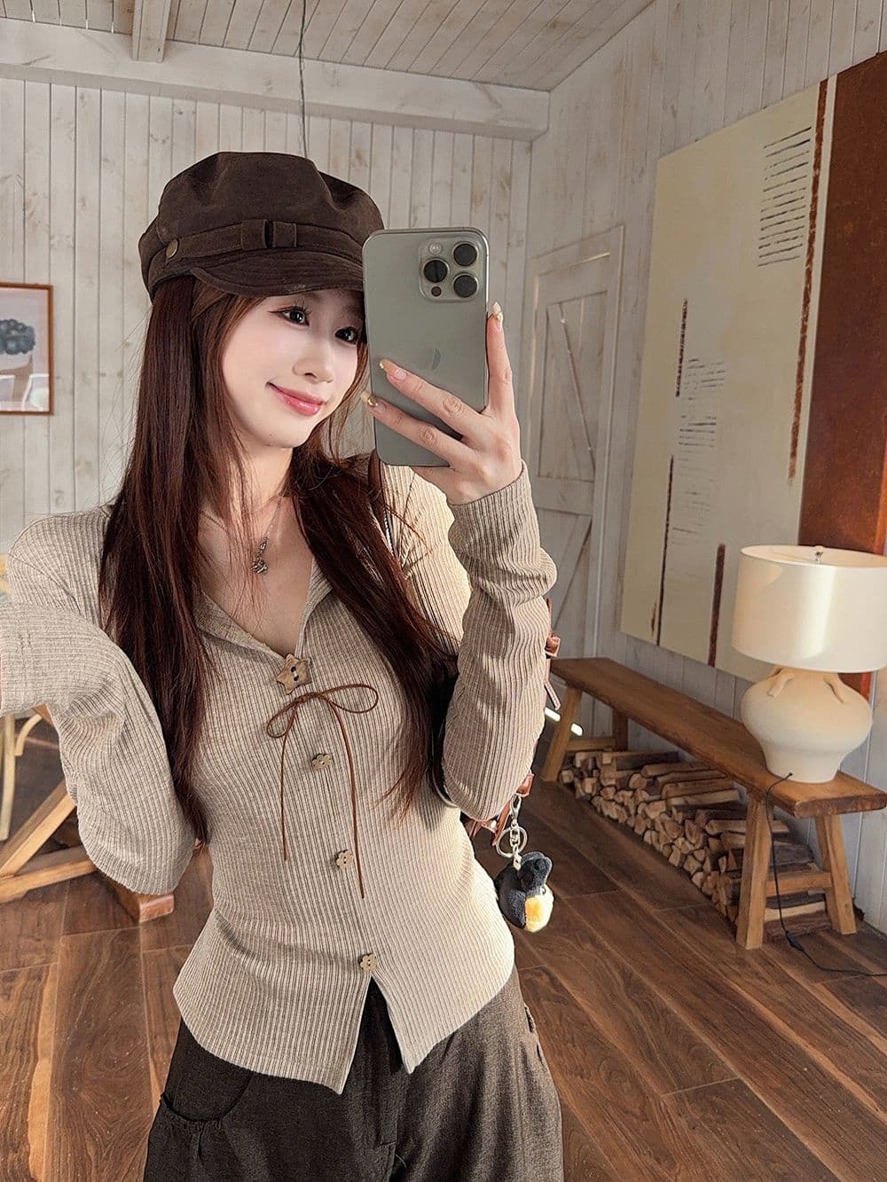 원본 품질 Chic 나비 매듭 V넥 긴팔 티셔츠 여성 가을 달콤한 매운맛 몸매 가꾸기 디자인 센스 인사이드 잡아라. 의류 상세 이미지 10