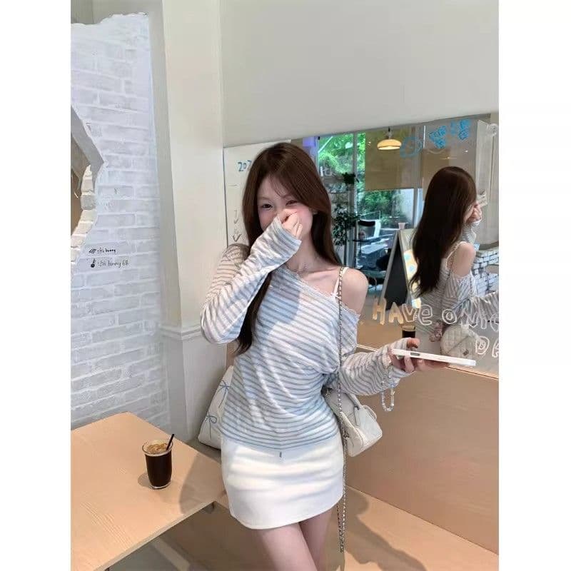경관 그림 원본 것 달콤한 스타일 레이스 조각 비스듬한 어깨 긴팔 티셔츠 오프숄더 맨위 이미지 3