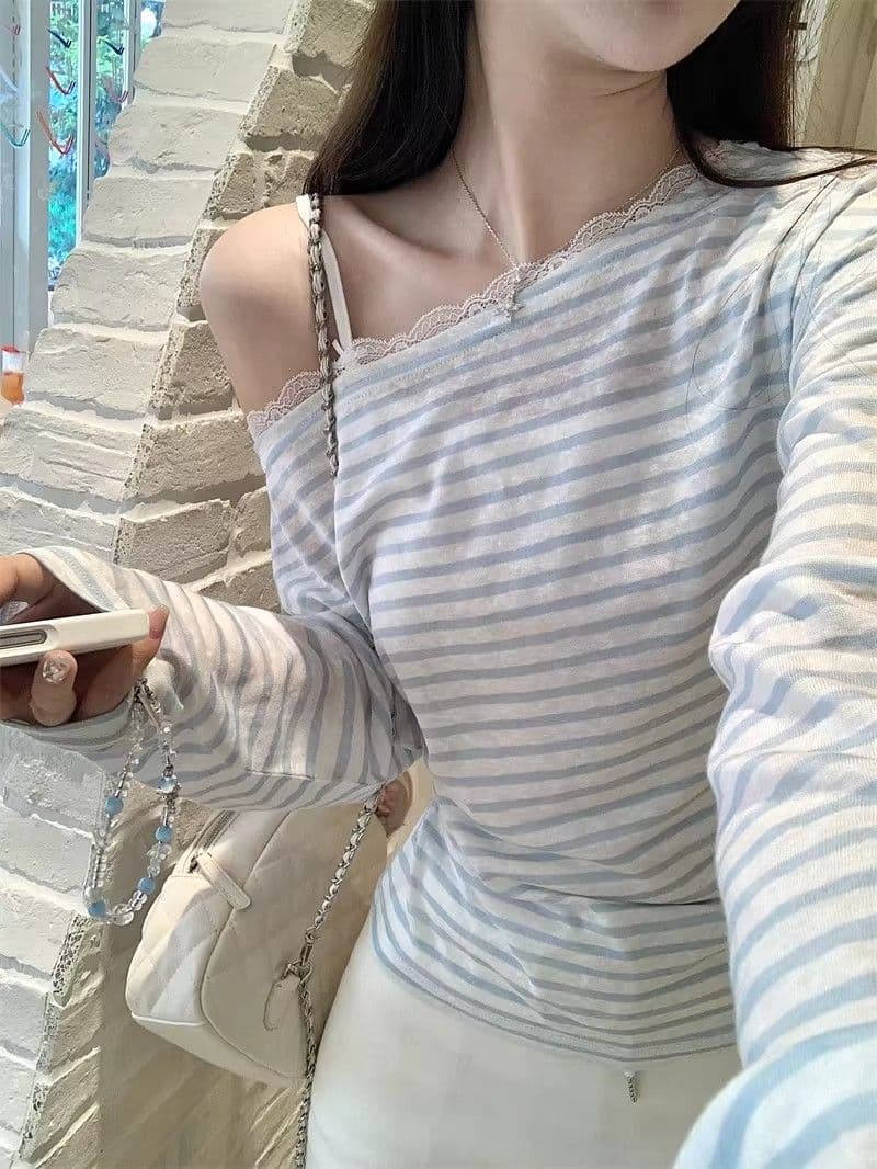 경관 그림 원본 것 달콤한 스타일 레이스 조각 비스듬한 어깨 긴팔 티셔츠 오프숄더 맨위 상세 이미지 8