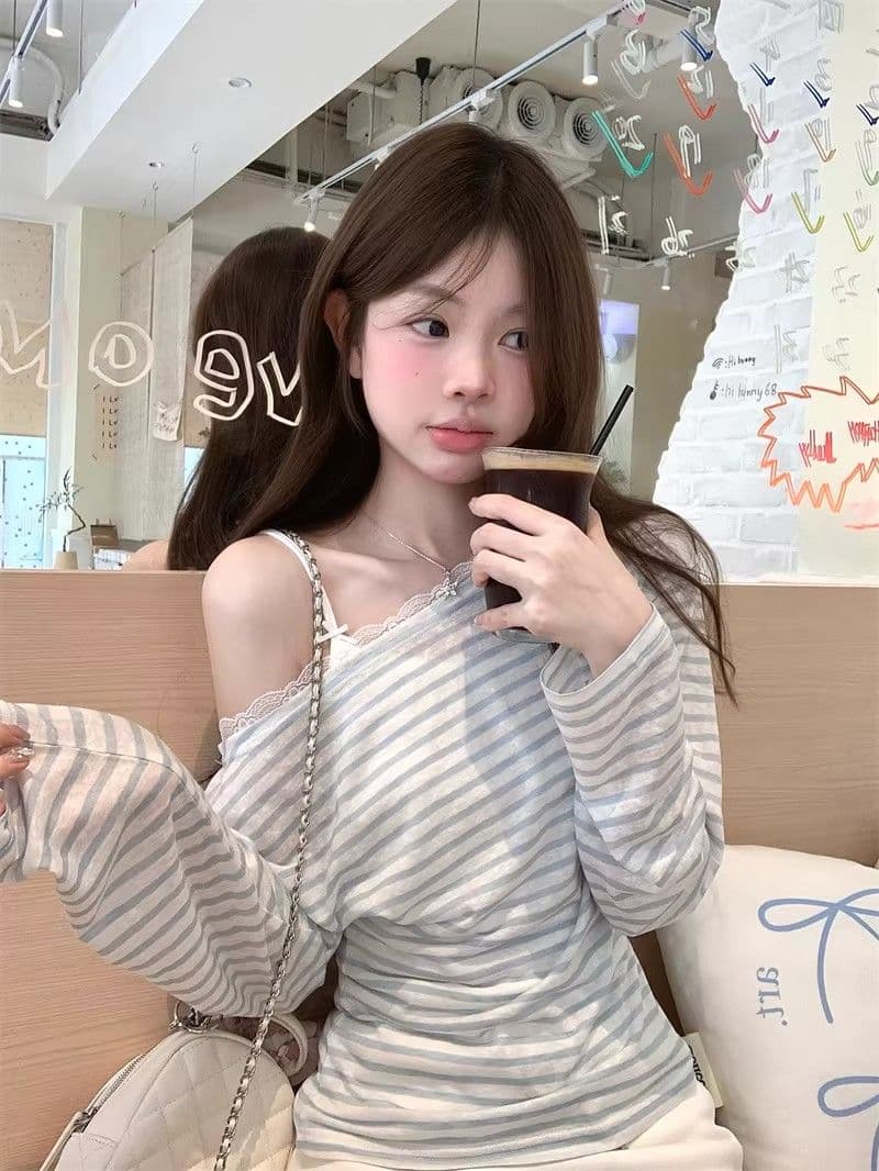 경관 그림 원본 것 달콤한 스타일 레이스 조각 비스듬한 어깨 긴팔 티셔츠 오프숄더 맨위 상세 이미지 9
