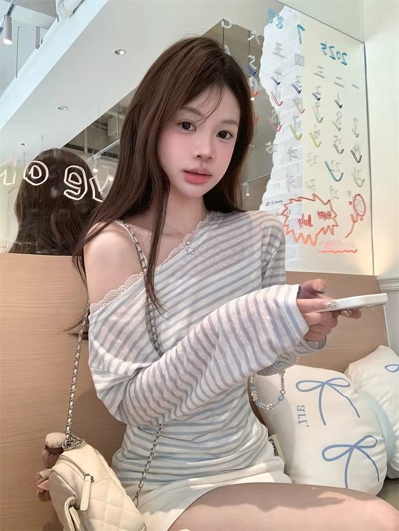 경관 그림 원본 것 달콤한 스타일 레이스 조각 비스듬한 어깨 긴팔 티셔츠 오프숄더 맨위 상세 이미지 12