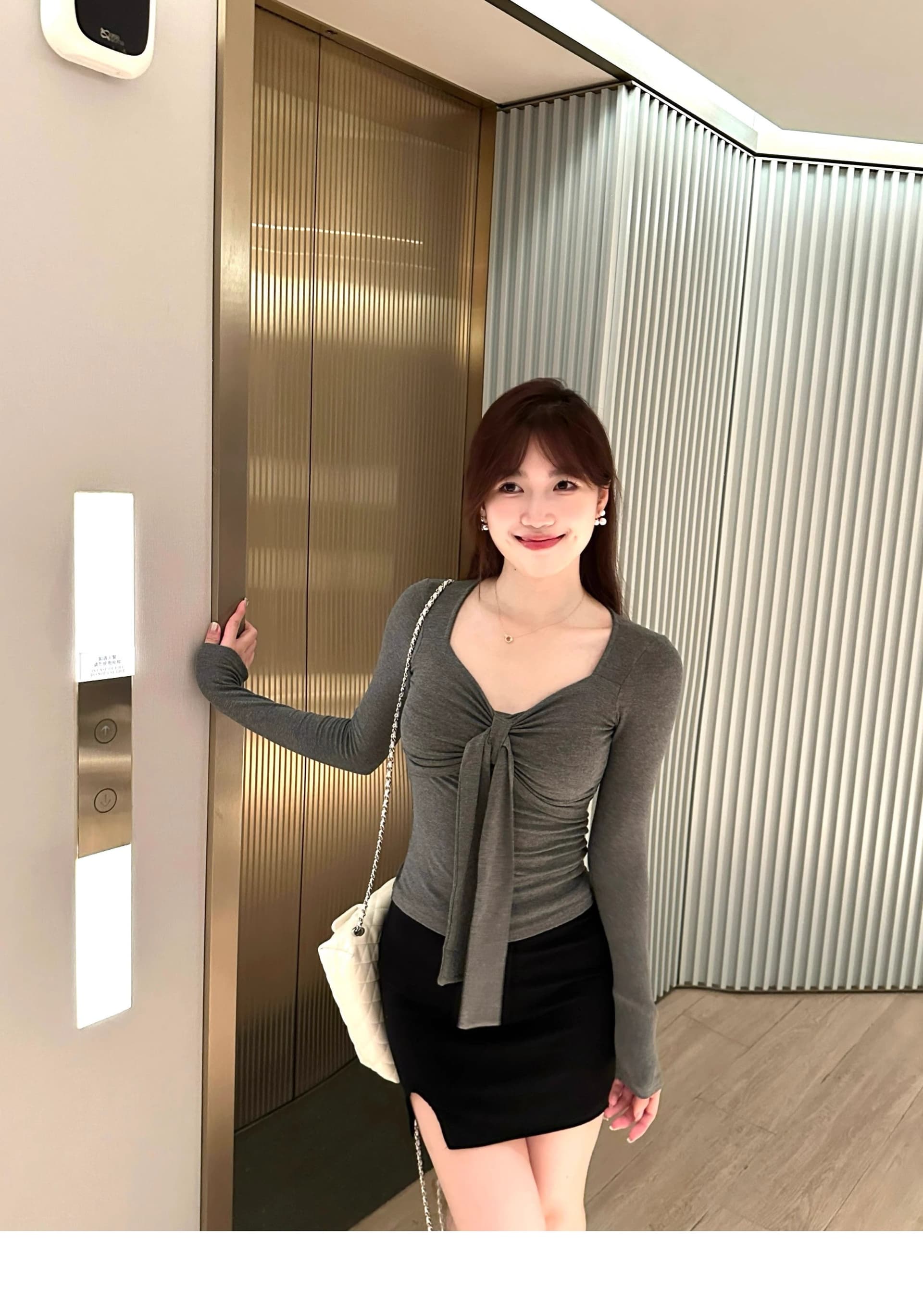 있음 선적 한국 스타일 새로운 사람들 면 리브 착용 가져 가라. 빨간색 나비 매듭 긴팔 티셔츠 순수한 욕망 타이트 기본 셔츠 상세 이미지 10