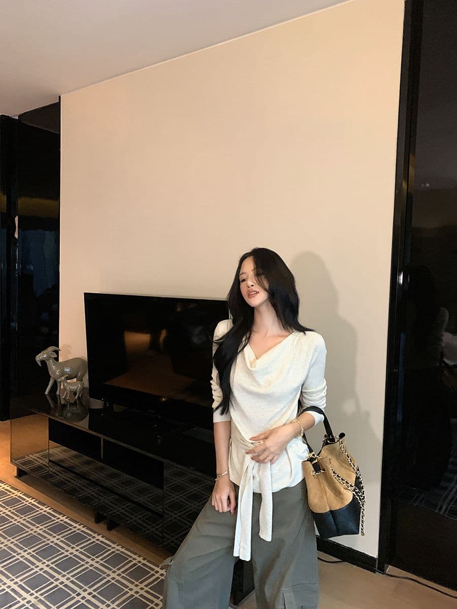 와 사고 방식 품격 화이트 한국 스타일 레이스업 디자인 긴팔 여성 의류 가을 다용도 루즈핏 슬림해 보이는 맨위 상세 이미지 11