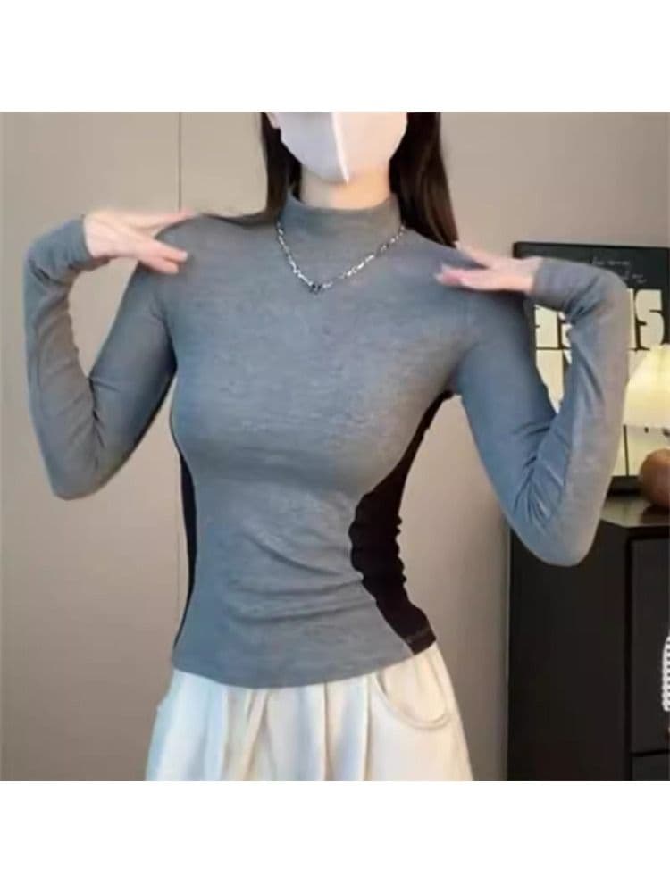 가을 새로운 De 플러시 배색 반하이넥 슬림해 보이는 暗灰 싸움 블랙 디자인 센스 기본 셔츠 인사이드 가져 가라. 여성 티셔츠 긴팔 상세 이미지 2