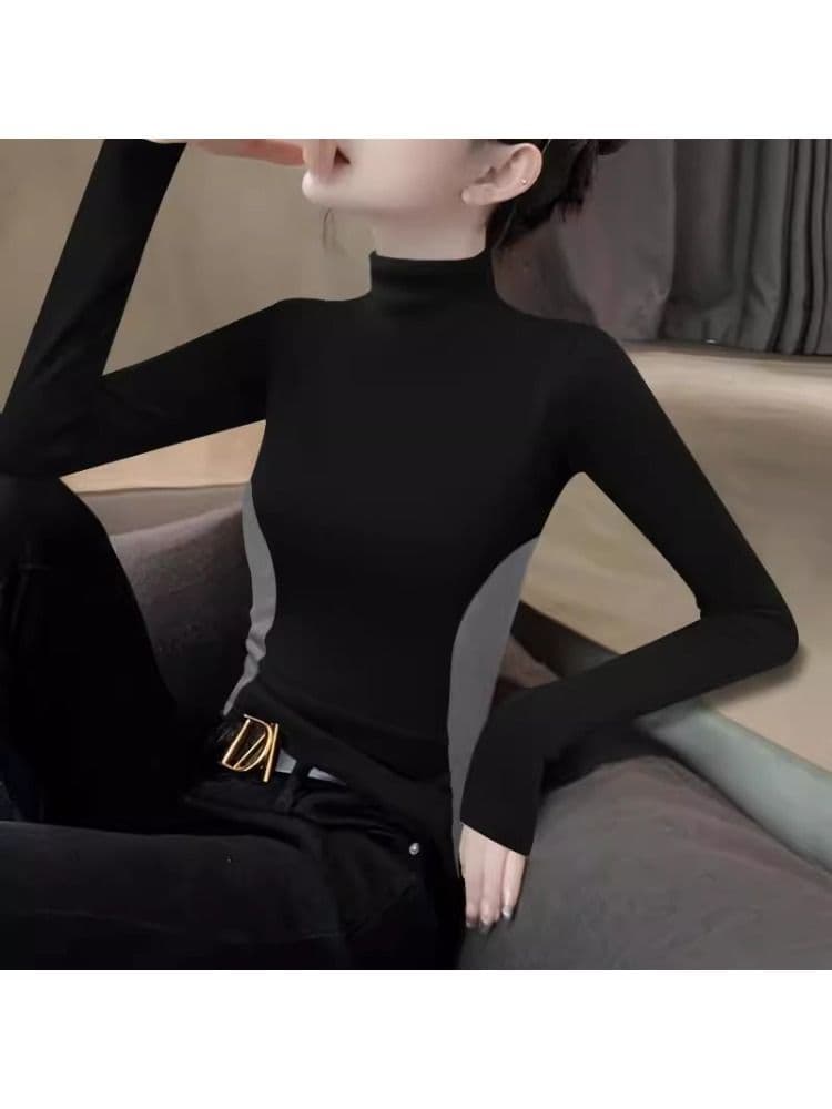 가을 새로운 De 플러시 배색 반하이넥 슬림해 보이는 暗灰 싸움 블랙 디자인 센스 기본 셔츠 인사이드 가져 가라. 여성 티셔츠 긴팔 상세 이미지 3