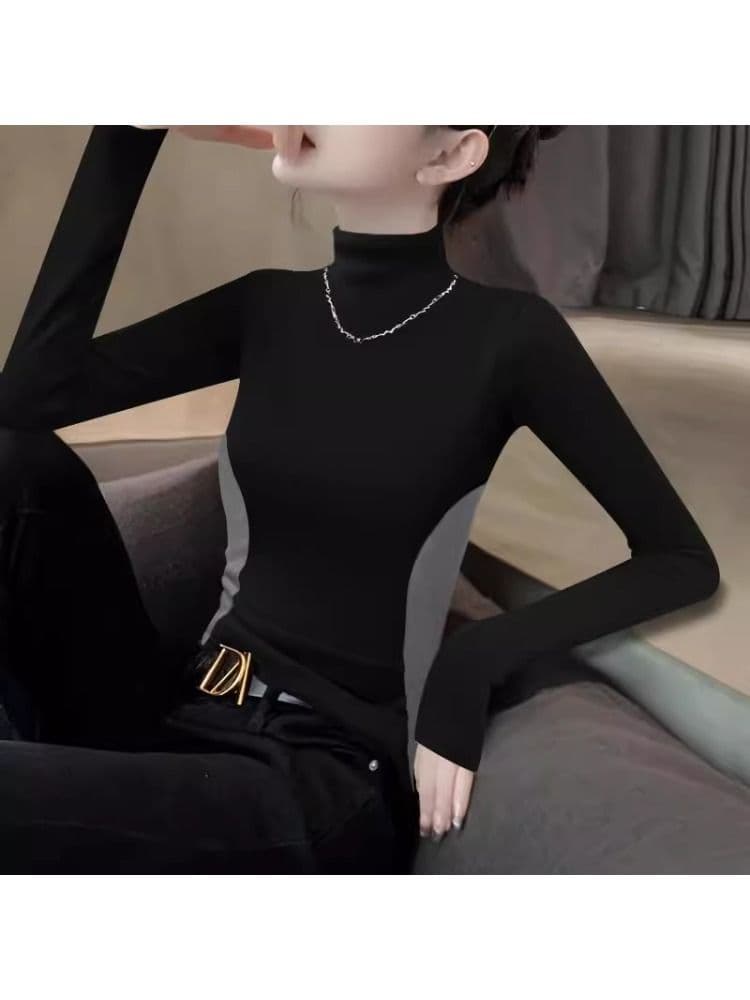 가을 새로운 De 플러시 배색 반하이넥 슬림해 보이는 暗灰 싸움 블랙 디자인 센스 기본 셔츠 인사이드 가져 가라. 여성 티셔츠 긴팔 상세 이미지 4