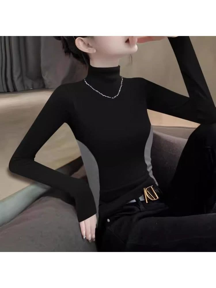 가을 새로운 De 플러시 배색 반하이넥 슬림해 보이는 暗灰 싸움 블랙 디자인 센스 기본 셔츠 인사이드 가져 가라. 여성 티셔츠 긴팔 상세 이미지 6