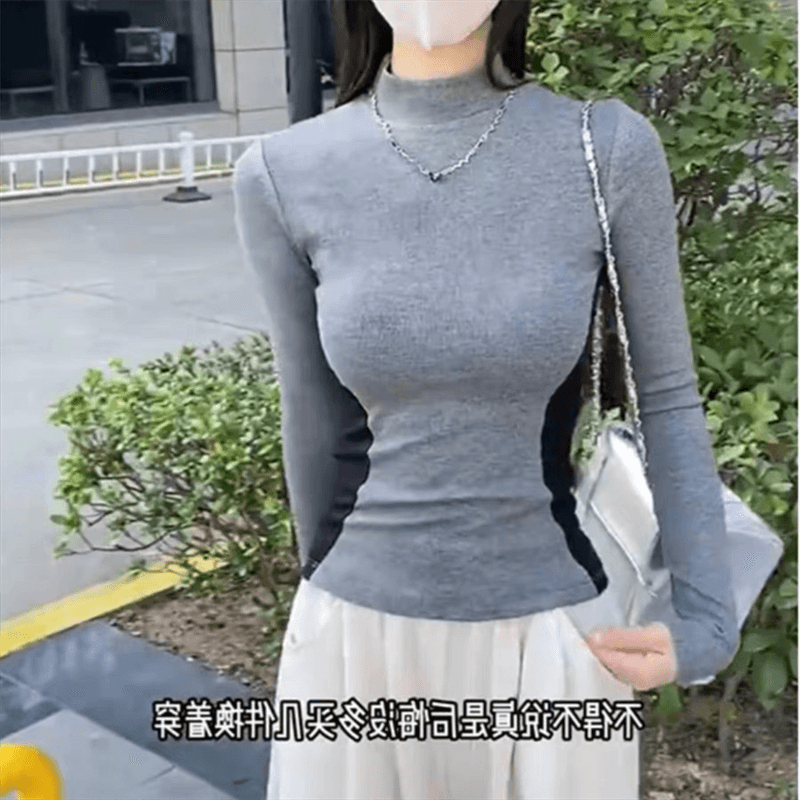 가을 새로운 De 플러시 배색 반하이넥 슬림해 보이는 暗灰 싸움 블랙 디자인 센스 기본 셔츠 인사이드 가져 가라. 여성 티셔츠 긴팔 상세 이미지 11