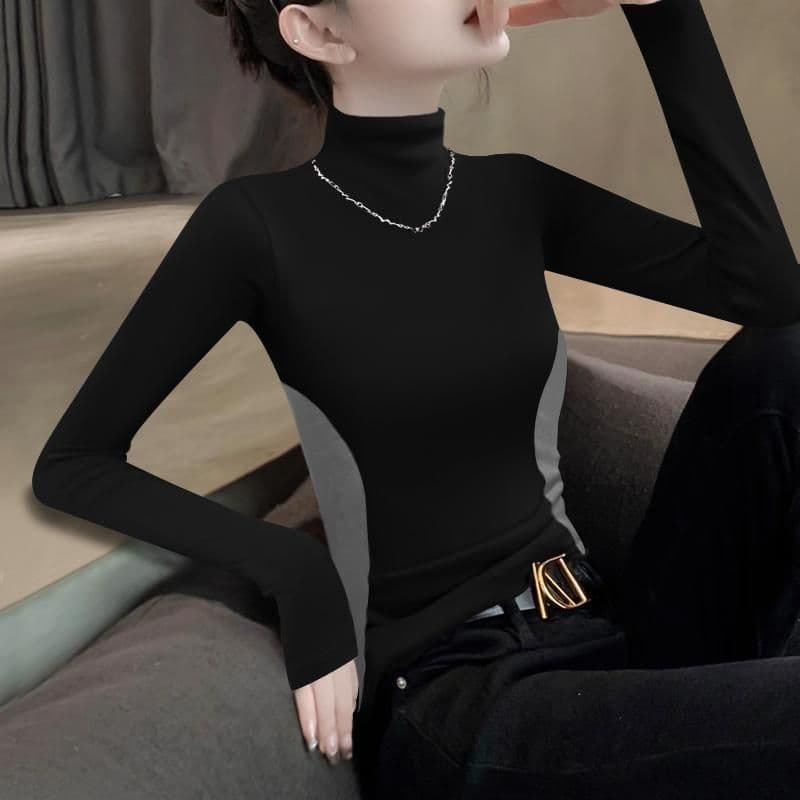 가을 새로운 De 플러시 배색 반하이넥 슬림해 보이는 暗灰 싸움 블랙 디자인 센스 기본 셔츠 인사이드 가져 가라. 여성 티셔츠 긴팔 상세 이미지 14