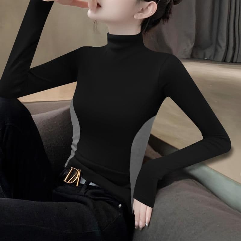 가을 새로운 De 플러시 배색 반하이넥 슬림해 보이는 暗灰 싸움 블랙 디자인 센스 기본 셔츠 인사이드 가져 가라. 여성 티셔츠 긴팔 상세 이미지 17