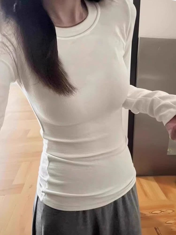 한 부서 De 플러시 라운드 넥 기본 셔츠 여성 가을 디자인 센스 긍정적 인 어깨 긴팔 허리 수축 슬림해 보이는 보온 인사이드 잡아라. 의류 상세 이미지 12