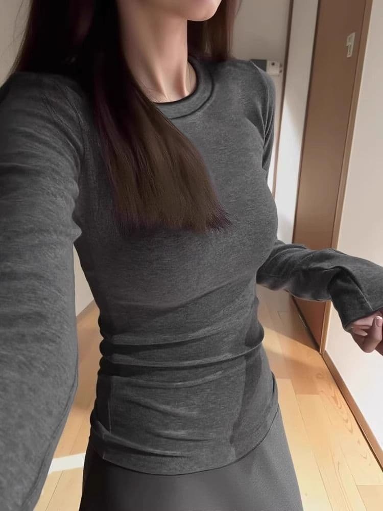 한 부서 De 플러시 라운드 넥 기본 셔츠 여성 가을 디자인 센스 긍정적 인 어깨 긴팔 허리 수축 슬림해 보이는 보온 인사이드 잡아라. 의류 상세 이미지 14