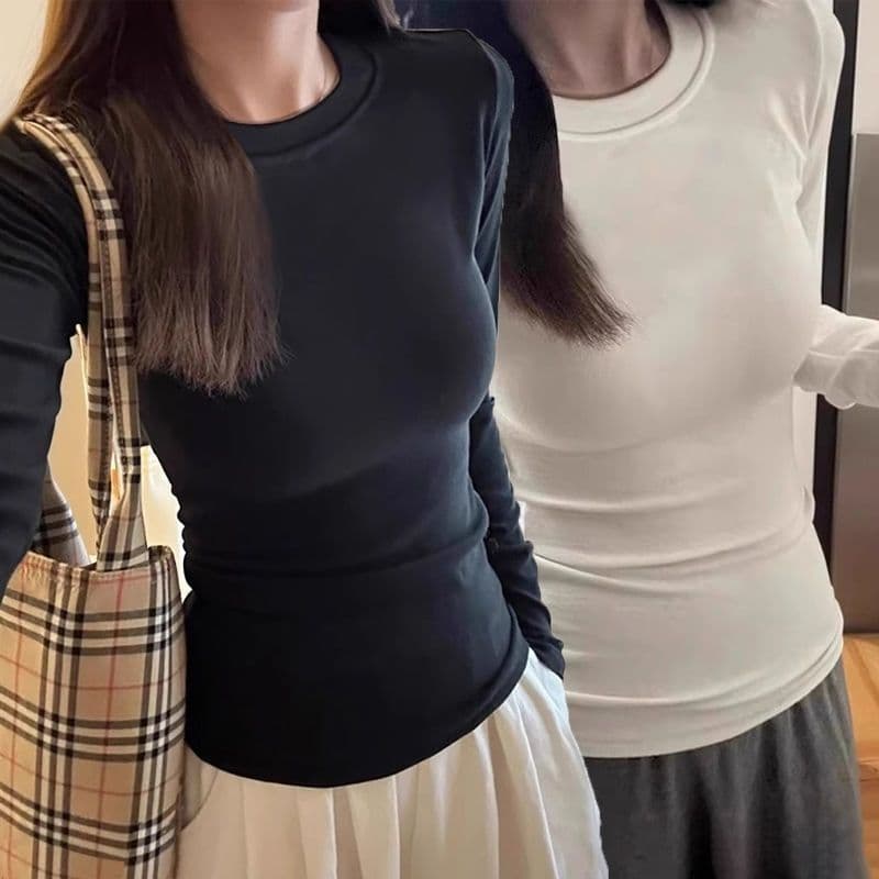 한 부서 De 플러시 라운드 넥 기본 셔츠 여성 가을 디자인 센스 긍정적 인 어깨 긴팔 허리 수축 슬림해 보이는 보온 인사이드 잡아라. 의류 상세 이미지 16