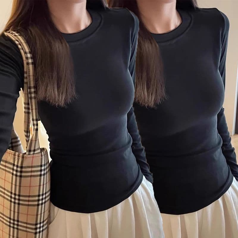 한 부서 De 플러시 라운드 넥 기본 셔츠 여성 가을 디자인 센스 긍정적 인 어깨 긴팔 허리 수축 슬림해 보이는 보온 인사이드 잡아라. 의류 상세 이미지 17