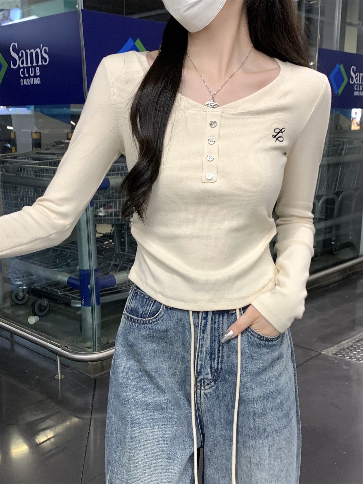 모달 miu 부드러운 카드 허리 주름 맨위 2026 가을 긍정적 인 어깨 자수 단추 티셔츠 긴팔 기본 셔츠 상세 이미지 22