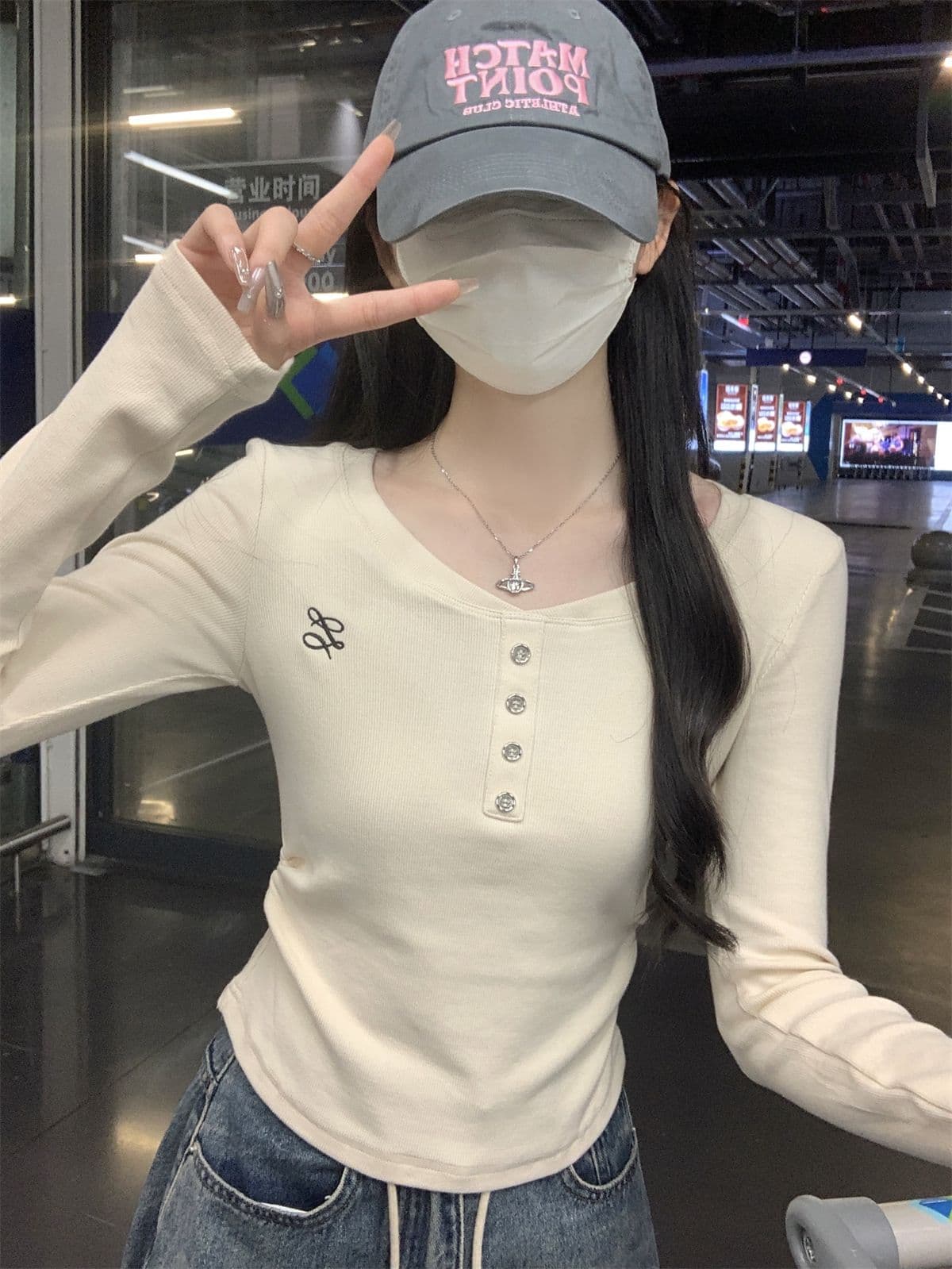 모달 miu 부드러운 카드 허리 주름 맨위 2026 가을 긍정적 인 어깨 자수 단추 티셔츠 긴팔 기본 셔츠 상세 이미지 24