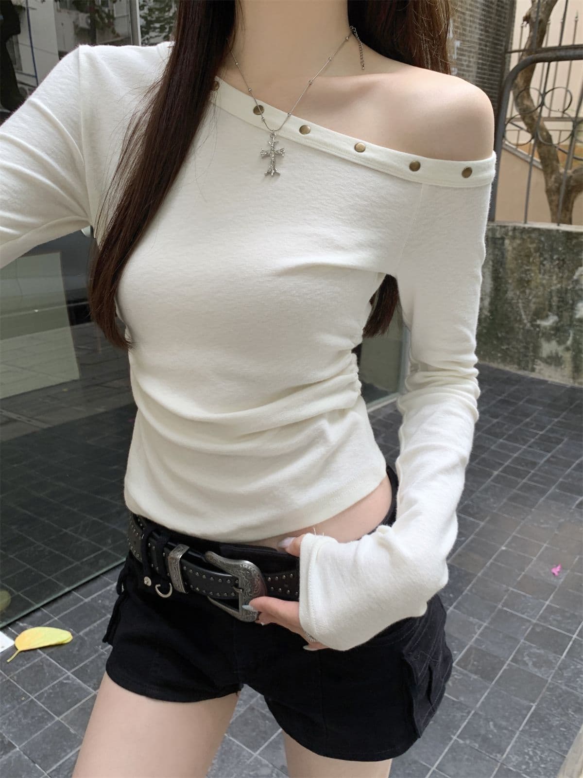 모달 핫걸 chic 징 비스듬한 칼라 오프숄더 긴팔 티셔츠 여성 의류 홍콩 느낌 주름 허리 수축 만나는 맨위 상세 이미지 1