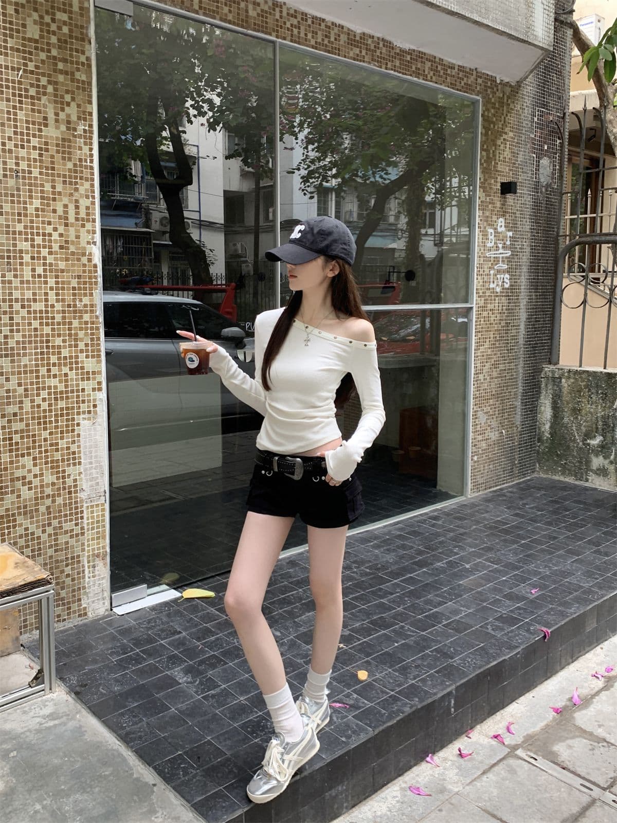 모달 핫걸 chic 징 비스듬한 칼라 오프숄더 긴팔 티셔츠 여성 의류 홍콩 느낌 주름 허리 수축 만나는 맨위 상세 이미지 2