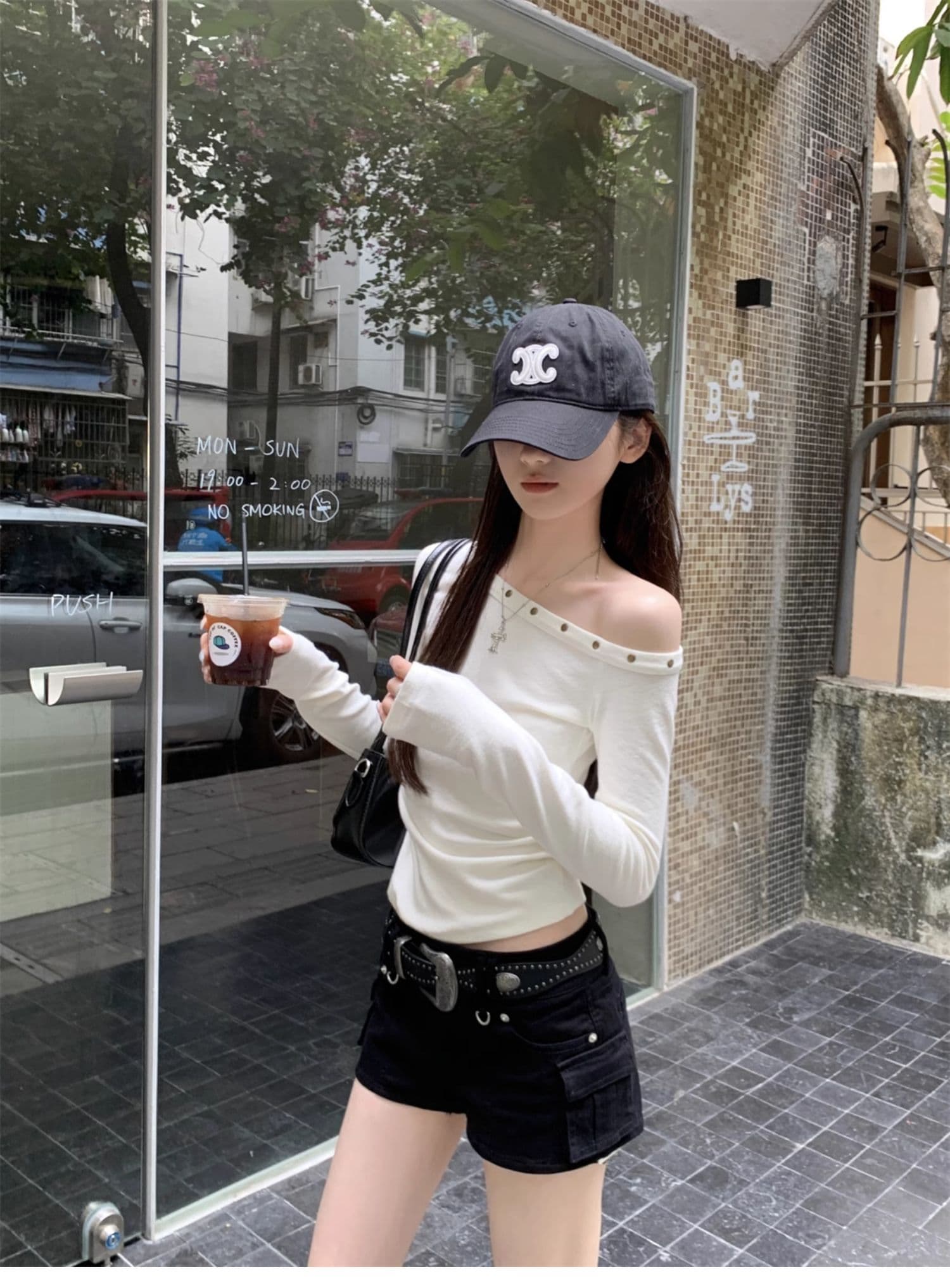 모달 핫걸 chic 징 비스듬한 칼라 오프숄더 긴팔 티셔츠 여성 의류 홍콩 느낌 주름 허리 수축 만나는 맨위 상세 이미지 7
