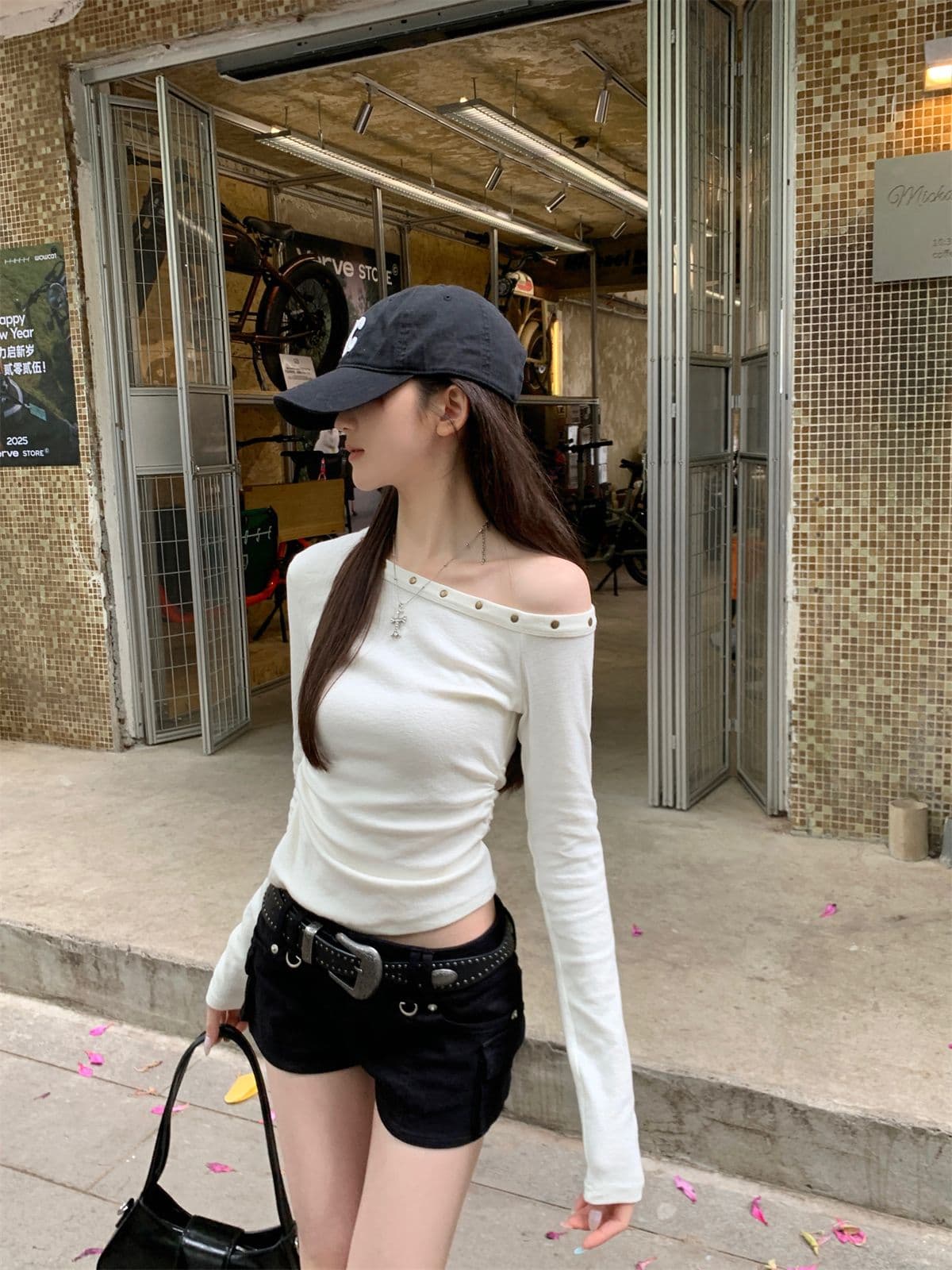 모달 핫걸 chic 징 비스듬한 칼라 오프숄더 긴팔 티셔츠 여성 의류 홍콩 느낌 주름 허리 수축 만나는 맨위 상세 이미지 8
