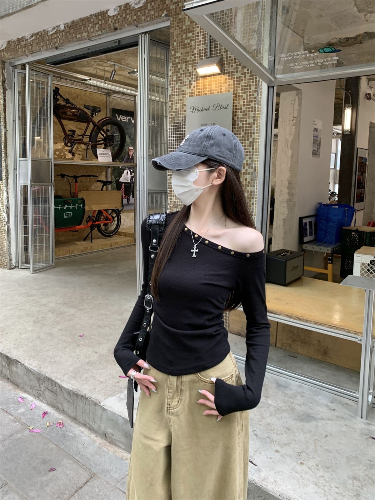 모달 핫걸 chic 징 비스듬한 칼라 오프숄더 긴팔 티셔츠 여성 의류 홍콩 느낌 주름 허리 수축 만나는 맨위 상세 이미지 9