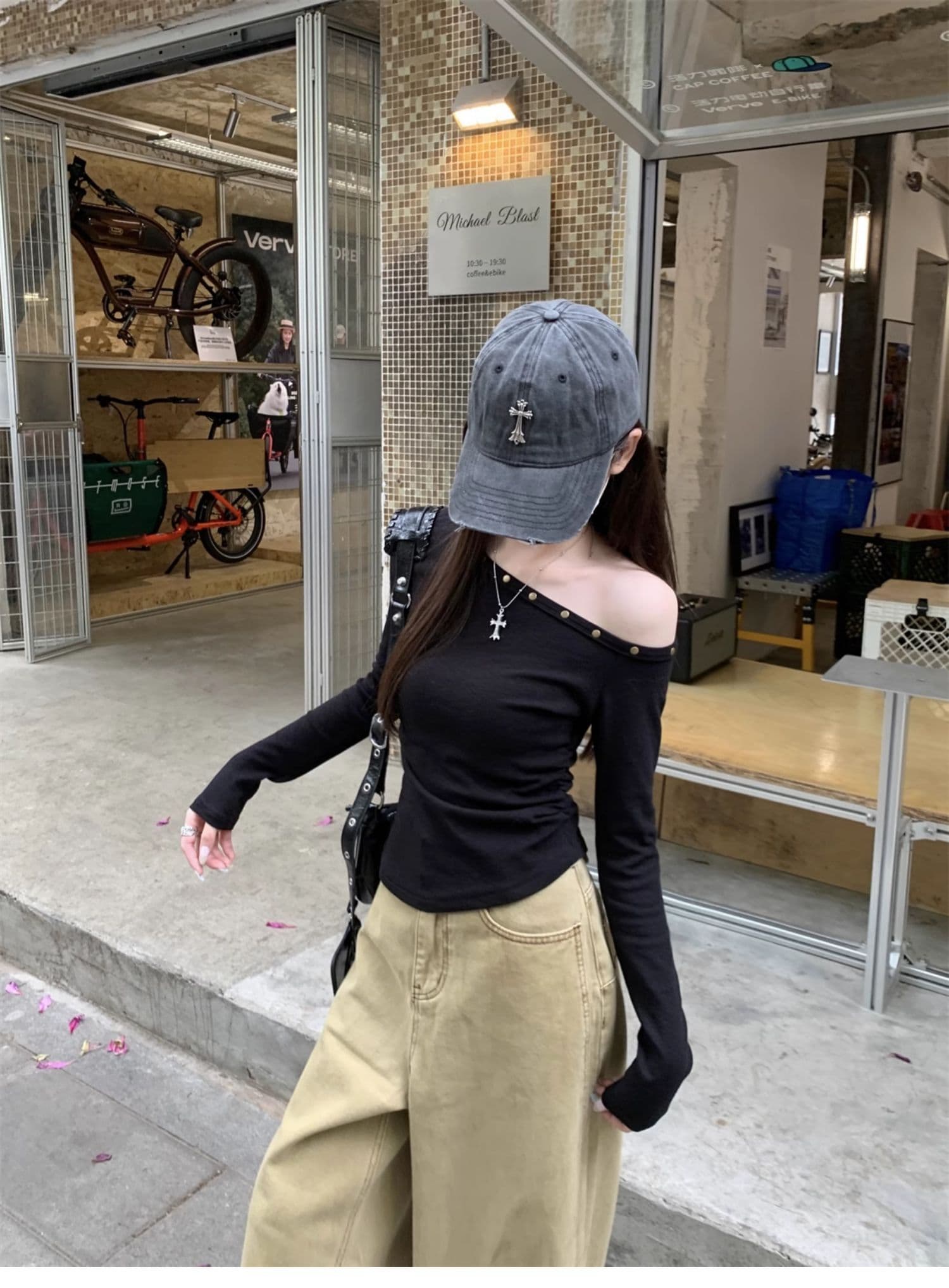 모달 핫걸 chic 징 비스듬한 칼라 오프숄더 긴팔 티셔츠 여성 의류 홍콩 느낌 주름 허리 수축 만나는 맨위 상세 이미지 10