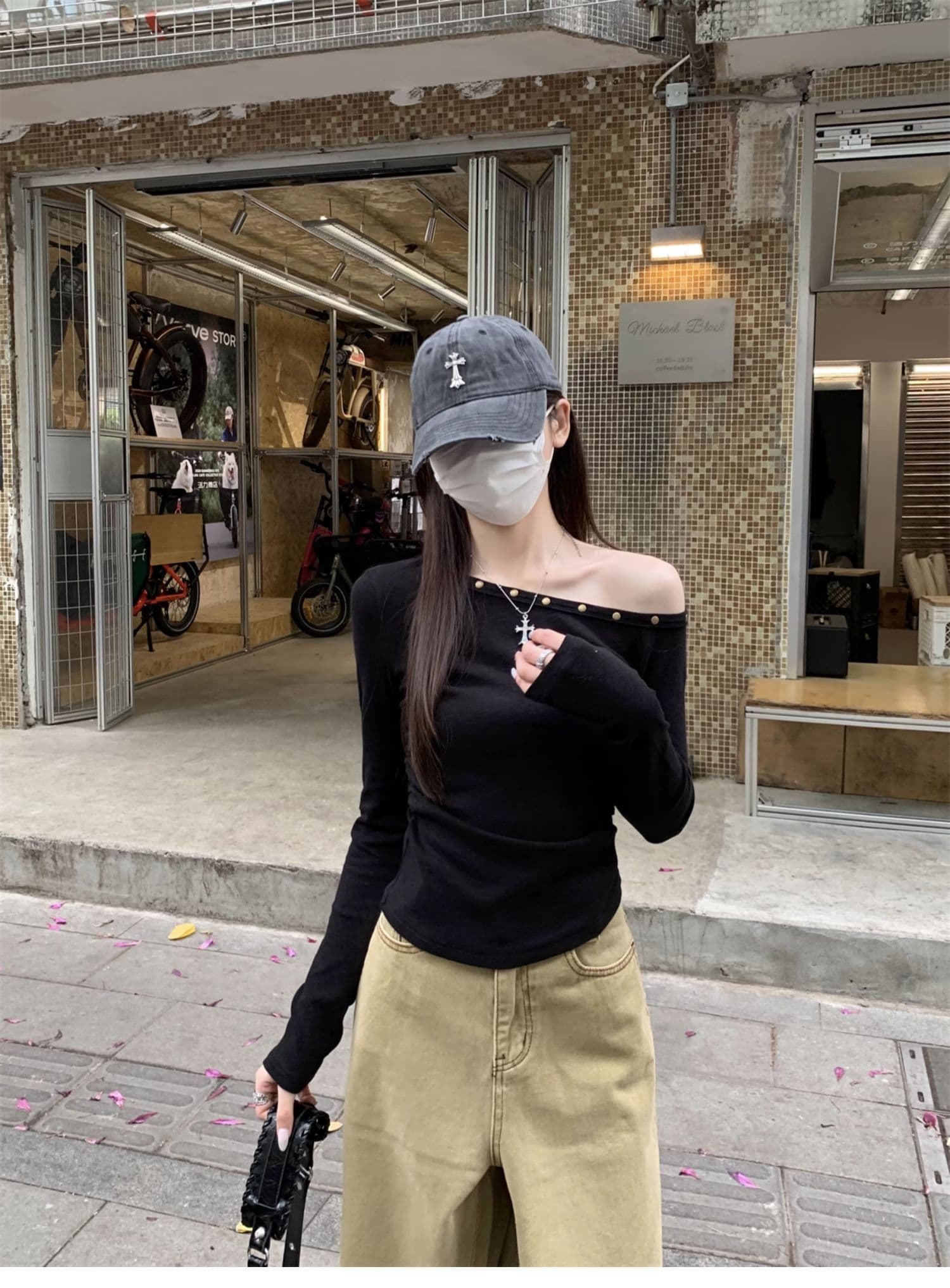 모달 핫걸 chic 징 비스듬한 칼라 오프숄더 긴팔 티셔츠 여성 의류 홍콩 느낌 주름 허리 수축 만나는 맨위 상세 이미지 11
