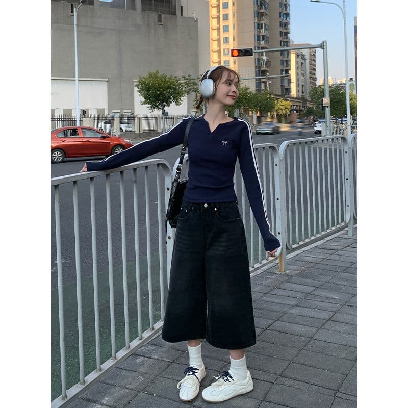 모달 나비 매듭 긴팔 티셔츠 여성 가을 새로운 블루 색상 V넥 쇼트 스타일 인사이드 가져 가라. 기본 셔츠 맨위 상세 이미지 7