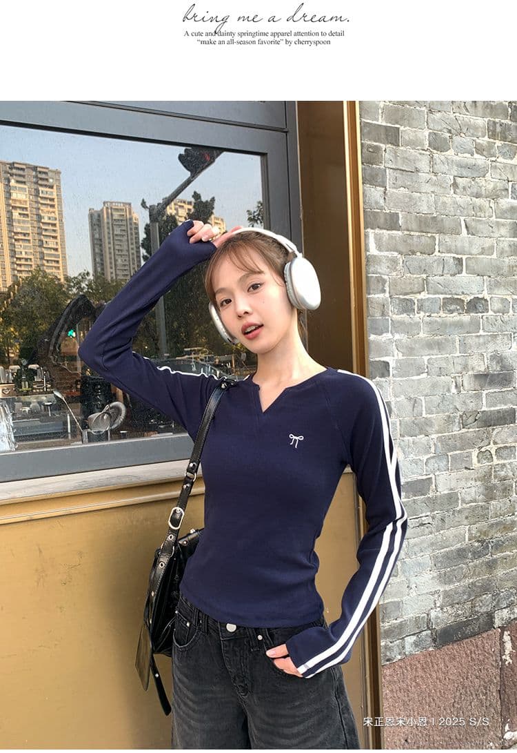 모달 나비 매듭 긴팔 티셔츠 여성 가을 새로운 블루 색상 V넥 쇼트 스타일 인사이드 가져 가라. 기본 셔츠 맨위 상세 이미지 11