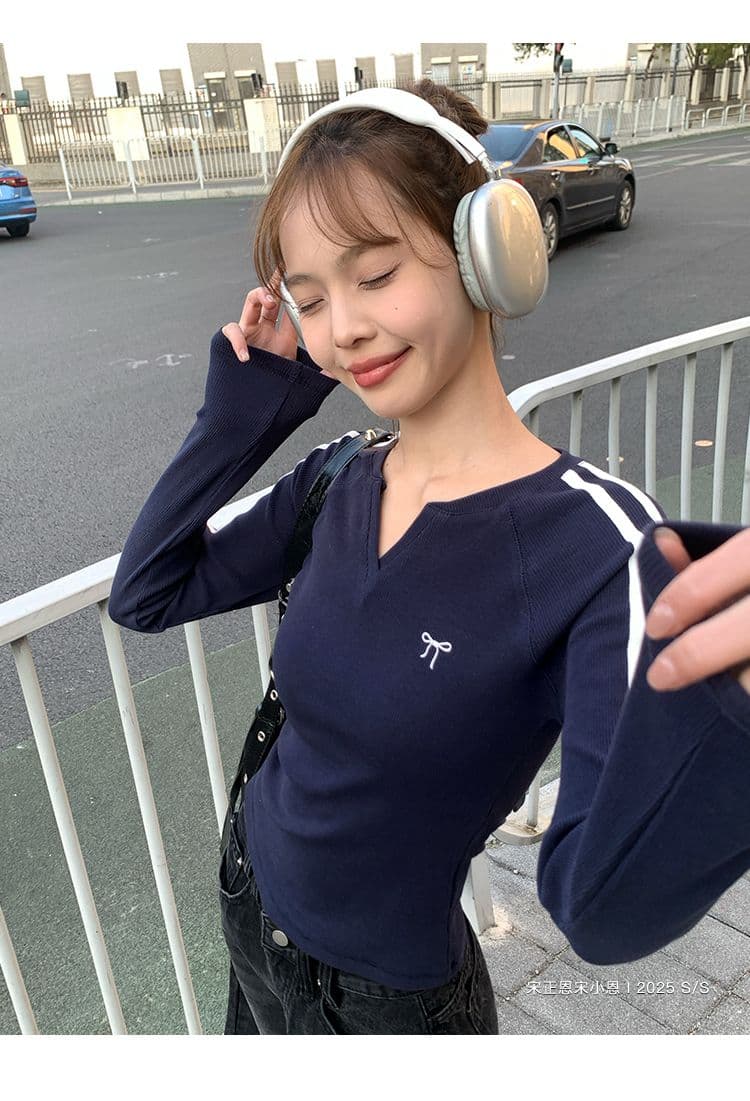 모달 나비 매듭 긴팔 티셔츠 여성 가을 새로운 블루 색상 V넥 쇼트 스타일 인사이드 가져 가라. 기본 셔츠 맨위 상세 이미지 13
