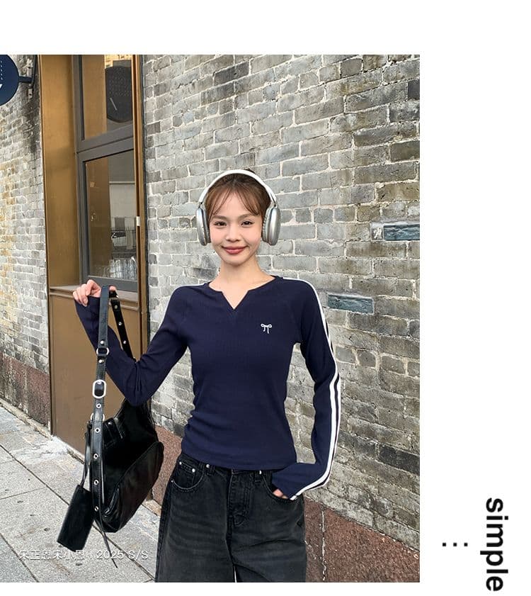 모달 나비 매듭 긴팔 티셔츠 여성 가을 새로운 블루 색상 V넥 쇼트 스타일 인사이드 가져 가라. 기본 셔츠 맨위 상세 이미지 14