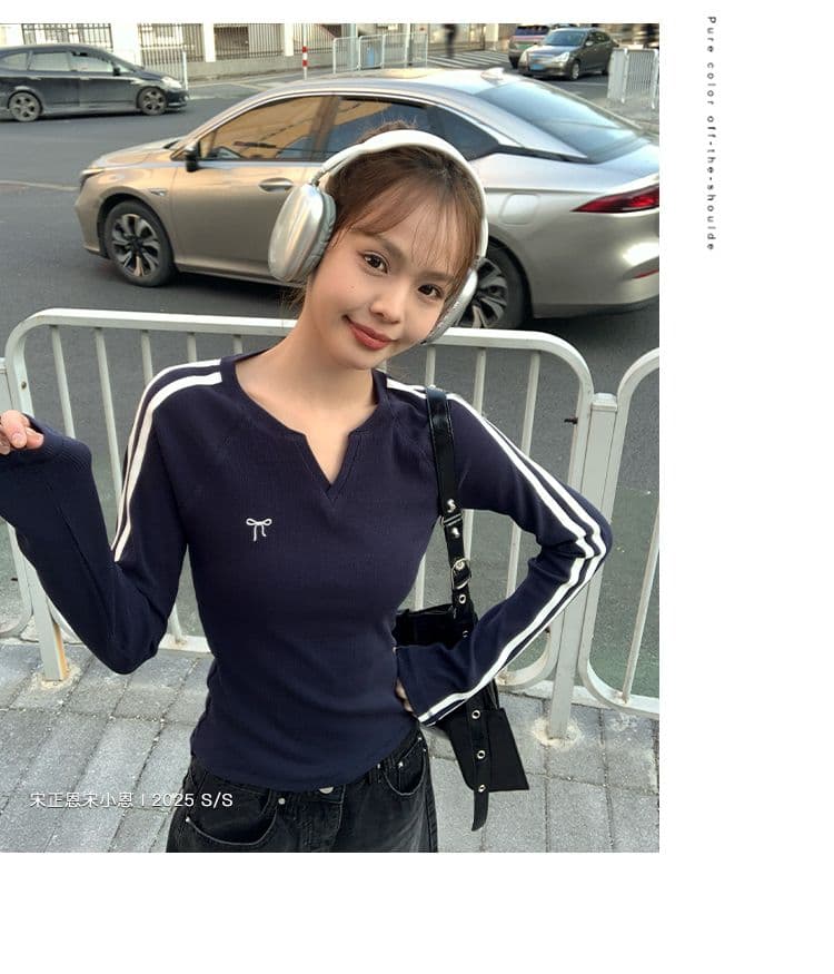 모달 나비 매듭 긴팔 티셔츠 여성 가을 새로운 블루 색상 V넥 쇼트 스타일 인사이드 가져 가라. 기본 셔츠 맨위 상세 이미지 15