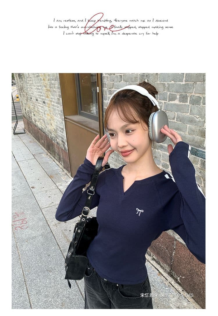 모달 나비 매듭 긴팔 티셔츠 여성 가을 새로운 블루 색상 V넥 쇼트 스타일 인사이드 가져 가라. 기본 셔츠 맨위 상세 이미지 17