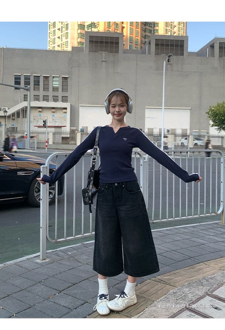 모달 나비 매듭 긴팔 티셔츠 여성 가을 새로운 블루 색상 V넥 쇼트 스타일 인사이드 가져 가라. 기본 셔츠 맨위 상세 이미지 19