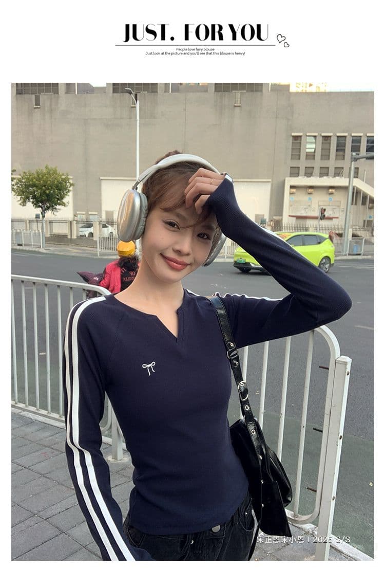 모달 나비 매듭 긴팔 티셔츠 여성 가을 새로운 블루 색상 V넥 쇼트 스타일 인사이드 가져 가라. 기본 셔츠 맨위 상세 이미지 20