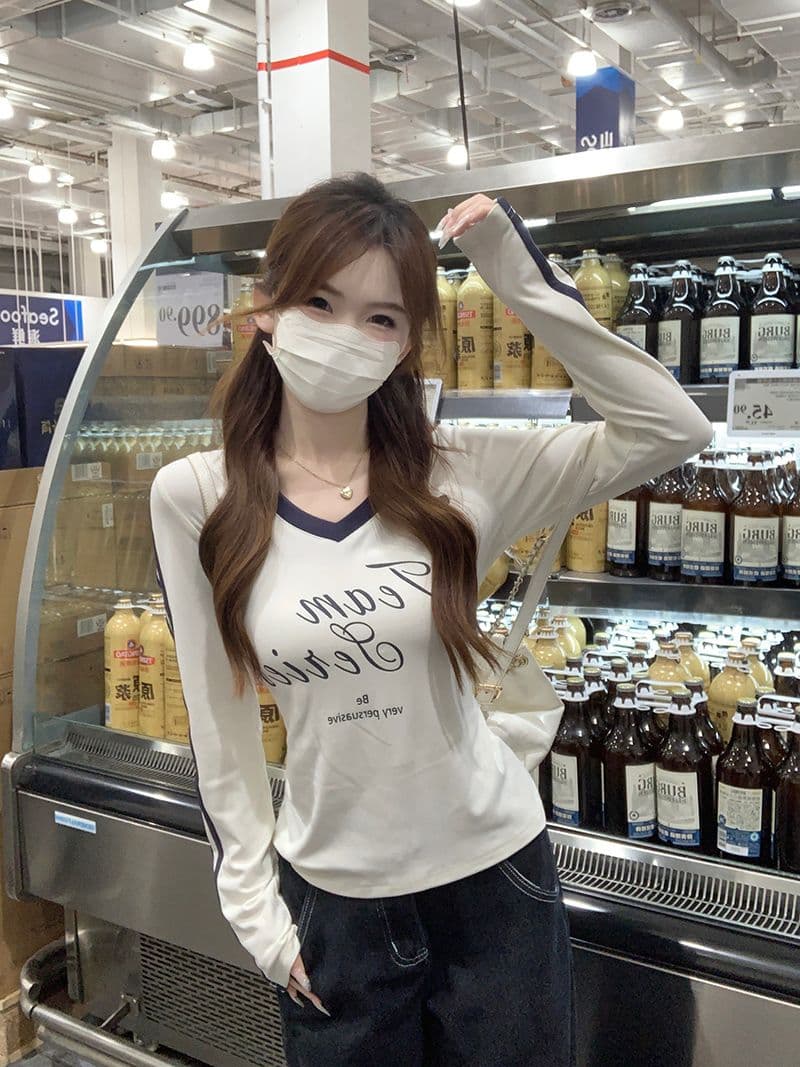 모달 아메리칸 V넥 긴팔 티셔츠 여성 가을 몸매 가꾸기 인사이드 가져 가라. 기본 셔츠 자이언트 잘 생긴 외출용 맨위 이미지 3