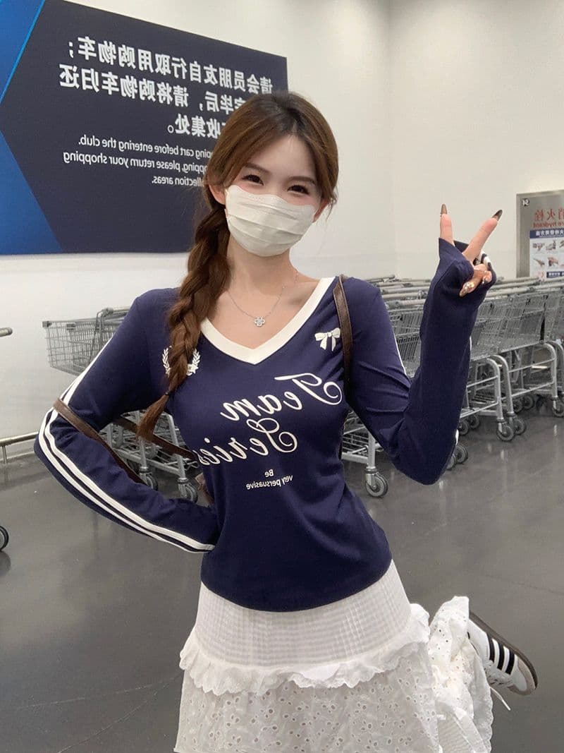 모달 아메리칸 V넥 긴팔 티셔츠 여성 가을 몸매 가꾸기 인사이드 가져 가라. 기본 셔츠 자이언트 잘 생긴 외출용 맨위 이미지 4