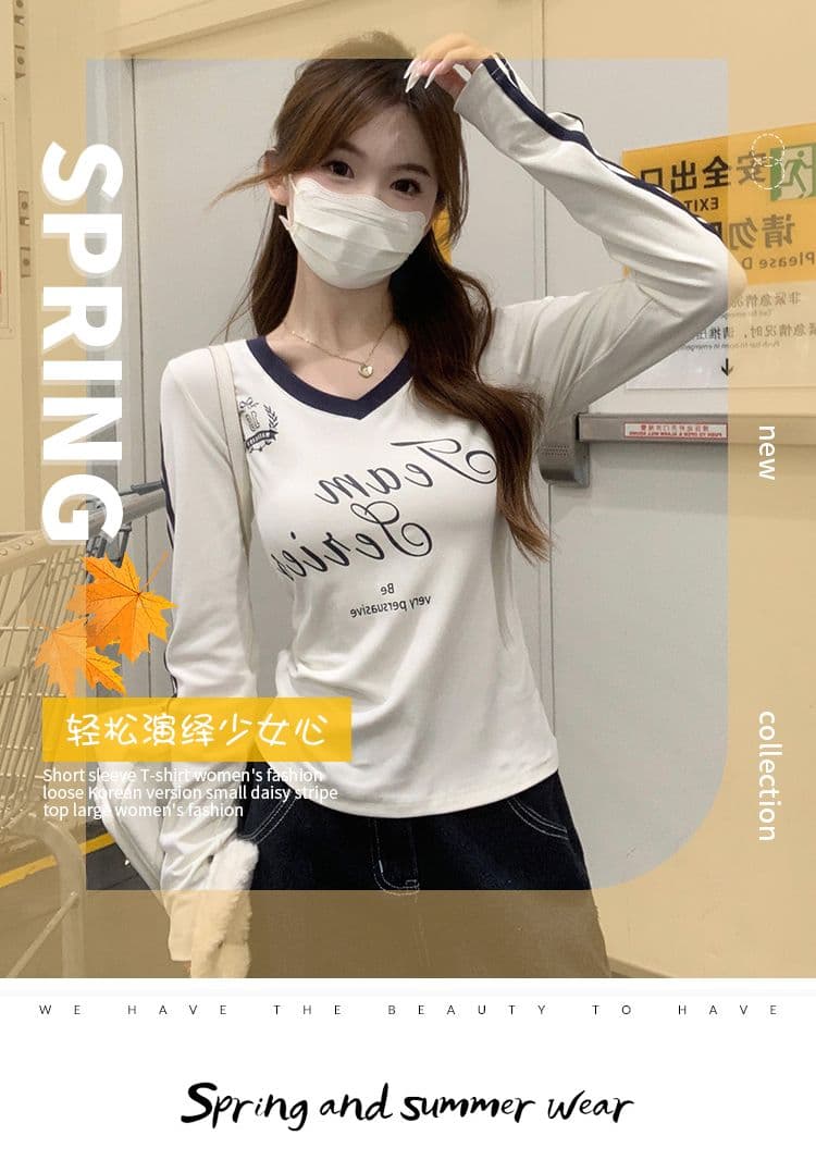 모달 아메리칸 V넥 긴팔 티셔츠 여성 가을 몸매 가꾸기 인사이드 가져 가라. 기본 셔츠 자이언트 잘 생긴 외출용 맨위 상세 이미지 2
