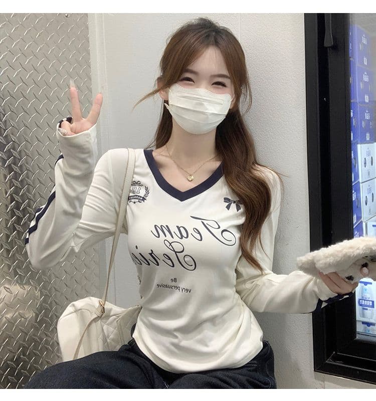 모달 아메리칸 V넥 긴팔 티셔츠 여성 가을 몸매 가꾸기 인사이드 가져 가라. 기본 셔츠 자이언트 잘 생긴 외출용 맨위 상세 이미지 3