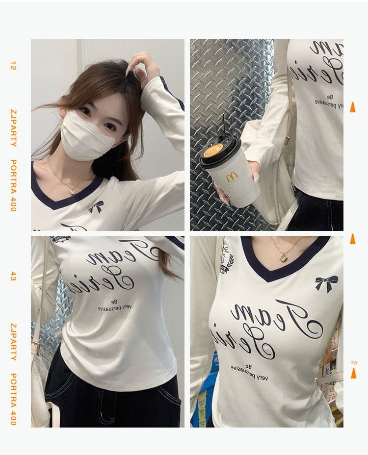 모달 아메리칸 V넥 긴팔 티셔츠 여성 가을 몸매 가꾸기 인사이드 가져 가라. 기본 셔츠 자이언트 잘 생긴 외출용 맨위 상세 이미지 6