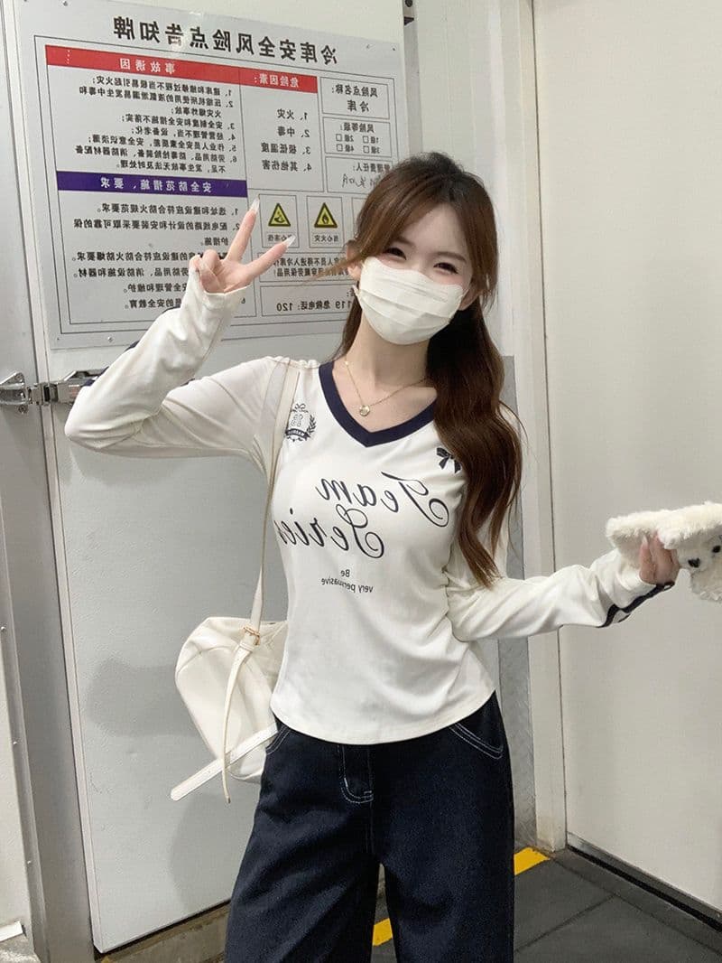 모달 아메리칸 V넥 긴팔 티셔츠 여성 가을 몸매 가꾸기 인사이드 가져 가라. 기본 셔츠 자이언트 잘 생긴 외출용 맨위 상세 이미지 7