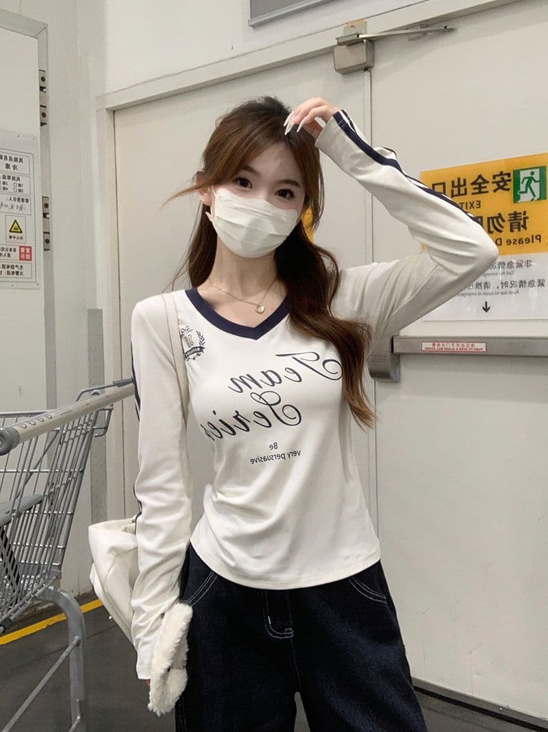 모달 아메리칸 V넥 긴팔 티셔츠 여성 가을 몸매 가꾸기 인사이드 가져 가라. 기본 셔츠 자이언트 잘 생긴 외출용 맨위 상세 이미지 9