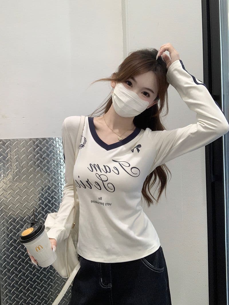 모달 아메리칸 V넥 긴팔 티셔츠 여성 가을 몸매 가꾸기 인사이드 가져 가라. 기본 셔츠 자이언트 잘 생긴 외출용 맨위 상세 이미지 10
