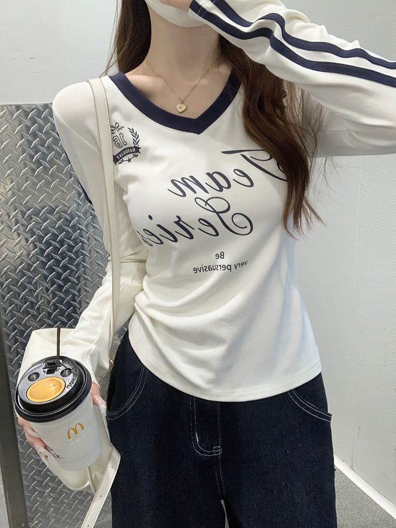 모달 아메리칸 V넥 긴팔 티셔츠 여성 가을 몸매 가꾸기 인사이드 가져 가라. 기본 셔츠 자이언트 잘 생긴 외출용 맨위 상세 이미지 11