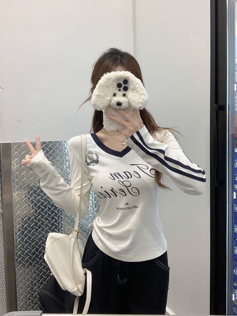 모달 아메리칸 V넥 긴팔 티셔츠 여성 가을 몸매 가꾸기 인사이드 가져 가라. 기본 셔츠 자이언트 잘 생긴 외출용 맨위 상세 이미지 12