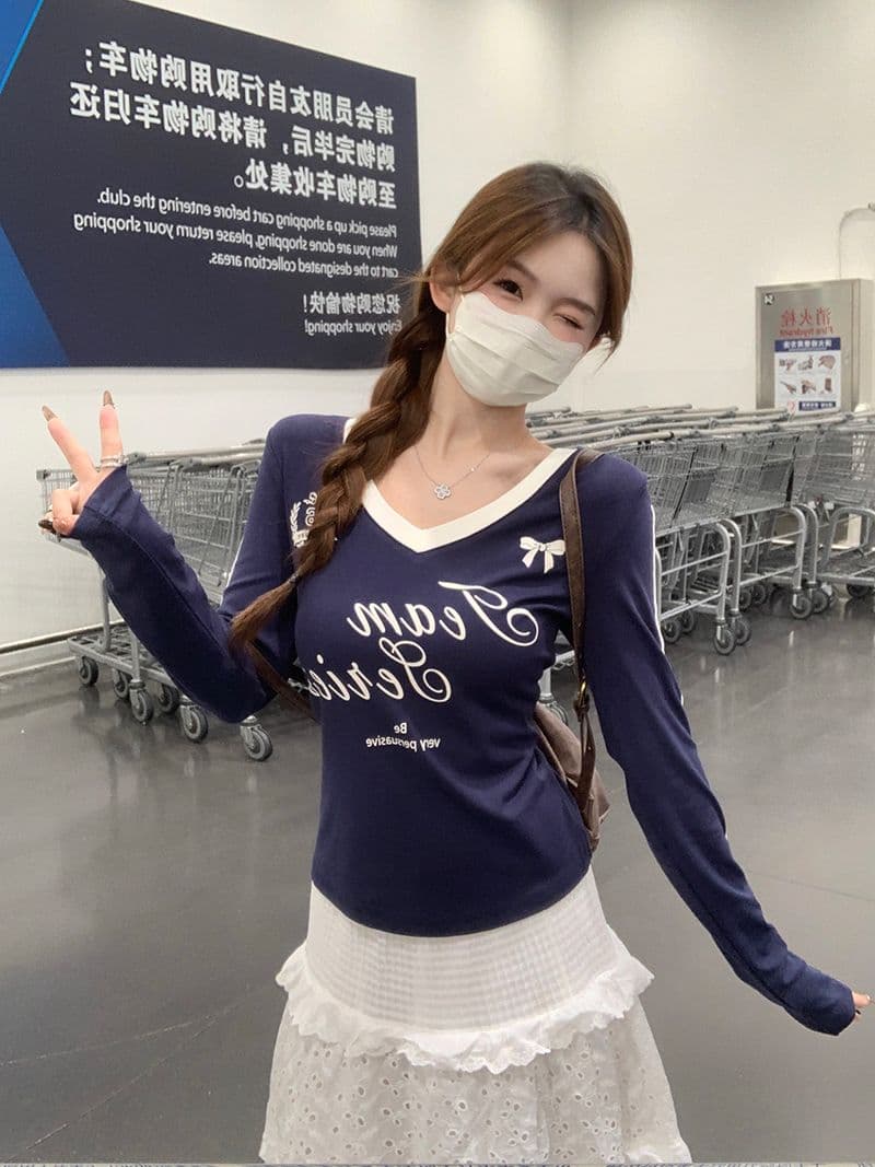 모달 아메리칸 V넥 긴팔 티셔츠 여성 가을 몸매 가꾸기 인사이드 가져 가라. 기본 셔츠 자이언트 잘 생긴 외출용 맨위 상세 이미지 17