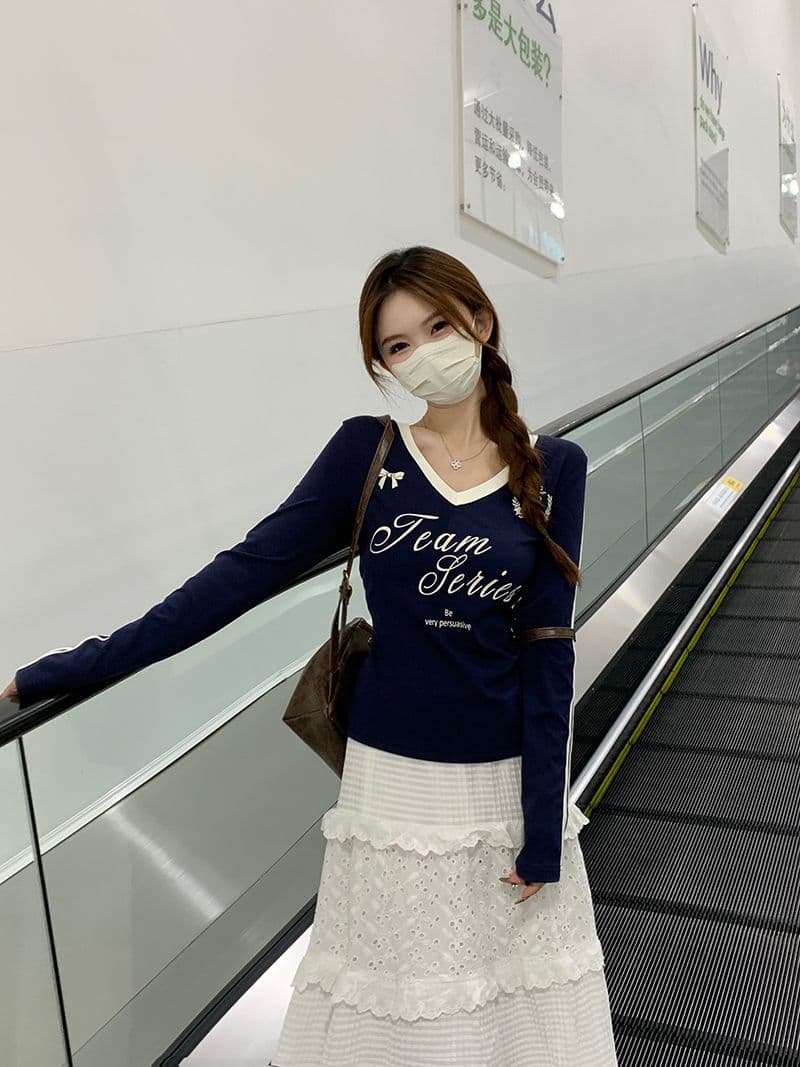 모달 아메리칸 V넥 긴팔 티셔츠 여성 가을 몸매 가꾸기 인사이드 가져 가라. 기본 셔츠 자이언트 잘 생긴 외출용 맨위 상세 이미지 20